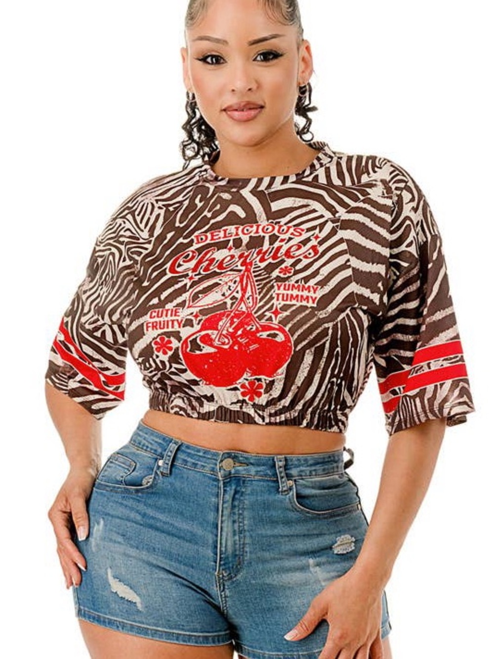 Brown Zebra-Print Crop Top with Red Graphic